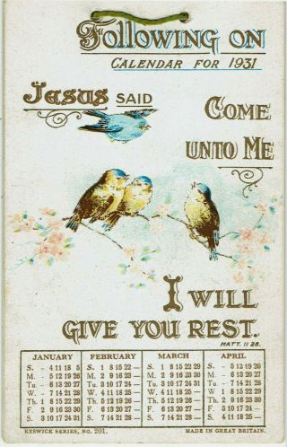 Vintage Christmas Greetings Card Calendar For 1931 Birds Religious Text Keswick