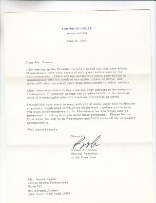 White House Letter To James Brown June 1969 Signed Special Assistant President