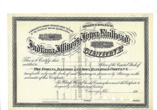 189_ Indiana,  Illinois & Iowa Rr Stock Certificate