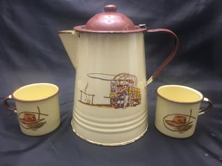 Monterrey Western Cowboy Enamel Ware 10 " Coffee Pot & 2 Cups Mugs