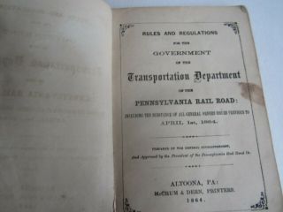 Old 1864 - PENNSYLVANIA RAILROAD - Rule BOOK - Transportation Dept.  Altoona PA. 2