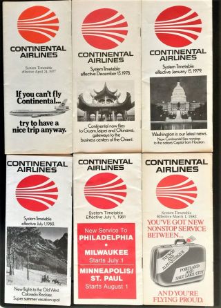 Continental Airlines 6 Different System Timetables,  1977,  
