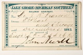 1883 Lake Shore And Michigan Southern Railway Annual Pass J H Pearson J Newell