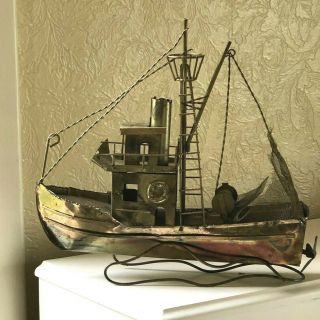 Mcm Vintage Nautical Folk Art Copper Brass Fishing Tug Boat Music Box