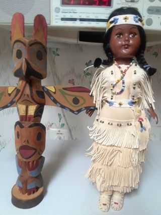 Indian Doll With Papoose And Wooden Totem Pole