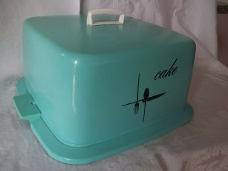 Vintage 1950s Blue/teal Square Plastic Cake Keeper Holder Stand Cover
