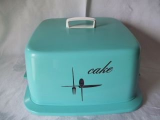 Vintage 1950s Blue/Teal Square Plastic Cake Keeper Holder Stand Cover 2