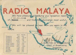1948 Qsl: Radio Malaya,  Singapore,  Singapore