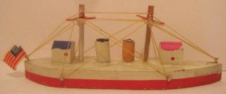 Well Rigged Antique Wood Folk Art Putz Toy Ship 4.  25 " White Japan Boat 1930