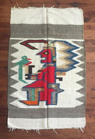 Hand Woven Wool Rug From Guatemala " Mayan Man " One Of A Kind Natural Dyes