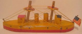 Well Rigged Antique Wood Putz Christmas Toy Ship 4 " Red Yellow Japan Boat 1930s