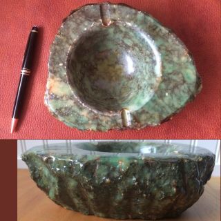 Vintage Mid - Century Modern Large Heavy Marble Ashtray Rustic Carved Stone Green