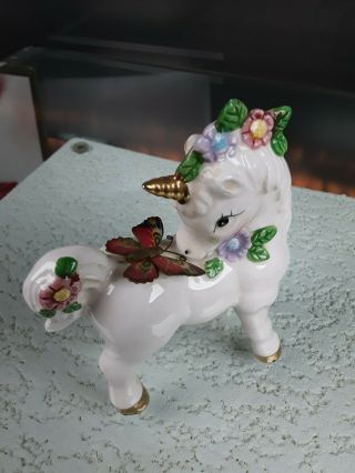 Vintage Unicorn Figurine W/ Enameled Butterfly Flowers Gold Gilding 1991 Loomco