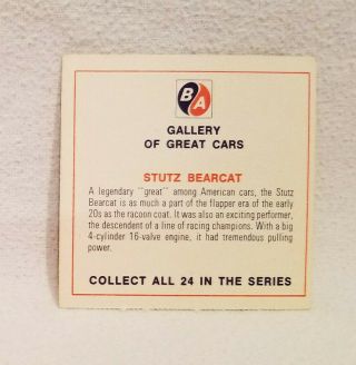 Vintage 1967 B - A Gallery of Great Cars STUTZ BEARCAT collector card 2