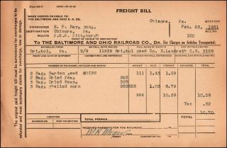 B&o Rr Freight Bill,  Waybilled Bristol Pa,  D.  Landreth Seed Co,  Dest.  Chicora Pa