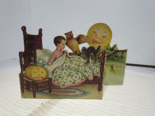 Vintage Fold Out Happy Halloween Card Boy In Bed W Black Cat Owl Full Moon Jol