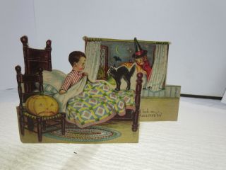 Vintage Fold Out Happy Halloween Card Boy In Bed W Black Cat Girl Witch Jol