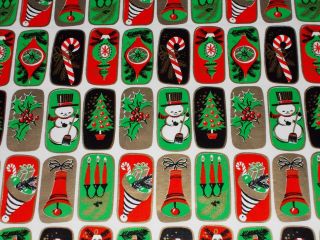 Vtg Christmas Wrapping Paper Gift Wrap 1950 Snowman Bell Tree Candle Candy Cane