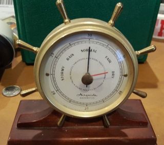 Vintage Airguide Barometer Ship Wheel On A Wood Base