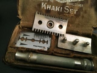 Vintage WW1 Gillette Khaki Razor Shaving Set Kit Army 3