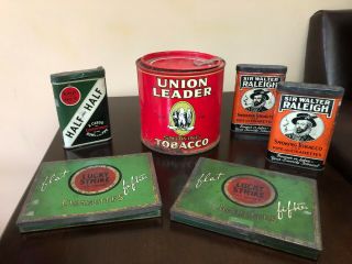 6 Antique Tobacco Tins Union Leader,  Sir Walter Raleigh,  Lucky Strike,  Half Half