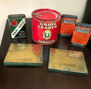 6 Antique Tobacco Tins Union Leader,  Sir Walter Raleigh,  Lucky Strike,  Half Half 2