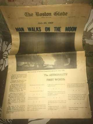 July 21 (july 20) 1969 The Boston Globe Newspaper Man Walks On The Moon