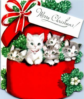 Baby Kitty Cat Kitten Gift Box Present Rust Craft Vtg Christmas Greeting Card