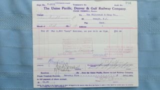 1897 Union Pacific Denver & Gulf Railway Whtehead & Hoag Button Order Voucher