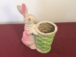 Vtg Paper Mache Bunny Rabbit Candy Container GRT Easter Color Basket German Rare 2