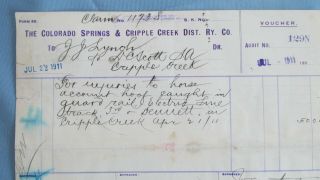 1911 Colorado Springs & Cripple Creek District Ry Voucher - Injured Horse Payment