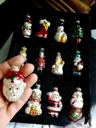 Set - 12 Vintage 2 " Mini Glass Figural Christmas Ornaments Santa Snowmen Soldiers