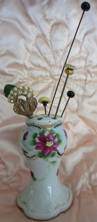 Antique Japanese Hat Pin Holder Hand Painted/gold Leaf Flowers,  6 Hatpins Bin