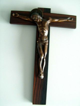 French Art Deco Bronze Wall Cross Crucifix Jesus On Wood By Hartmann