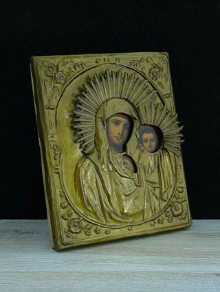 Antique 19th Russian Hand Painted Wooden,  Brass Orthodox Icon Mother of God 3