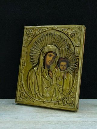 Antique 19th Russian Hand Painted Wooden,  Brass Orthodox Icon Mother of God 4