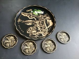 Vintage Metal Tole Souvenir Tray With 4 Coasters Florida State Pre Disney