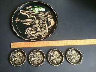 vintage metal tole souvenir tray with 4 coasters florida state pre disney 4