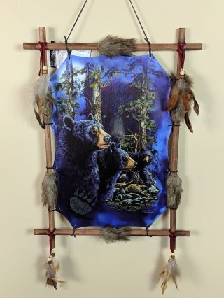 Indian Picture Black Bear Dream Catcher Mandella 16 X 22 Beads Feathers Frame