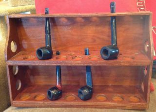 Vintage 15 Pipe Holder Wood Stand Rack Wooden Rest Display & 4 " The Pipe " Pipes
