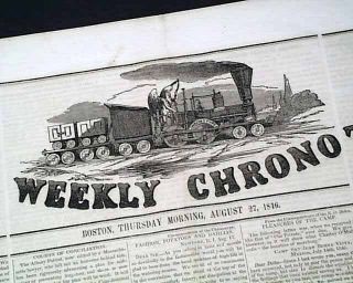 Rare Chronotype W/ Train Locomotive Masthead Engraving 1846 Old Boston Newspaper