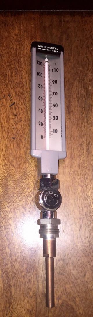 Vintage Ashcroft Stratford Conn Industrial Thermometer 0 - 120 Degree Re - Purpose