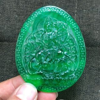 Chinese Handwork Green Jadeite Jade Samantabhadra Bodhisattva & Elephant Pendant