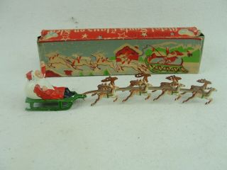 Antique Christmas Cast Iron Miniature Santa Claus Sleigh Reindeer " Box "