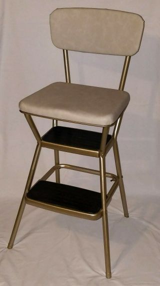 Vintage Retro Cosco Step Stool Chair - Gold & White Vinyl - Flip Seat Stylair