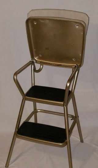 Vintage Retro Cosco Step Stool Chair - Gold & White Vinyl - Flip Seat Stylair 2