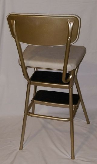 Vintage Retro Cosco Step Stool Chair - Gold & White Vinyl - Flip Seat Stylair 3