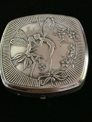 Antique Art Nouveau Djer Kiss Silver Kissing Fairies Mirror Compact