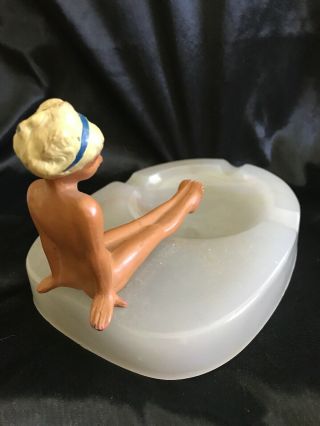 Vintage Risque Nude Painted Metal Woman On Slag Glass Ashtray