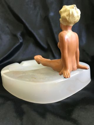 Vintage Risque Nude Painted Metal Woman On Slag Glass Ashtray 4